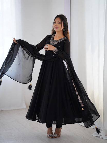 Soft Faux Georgette Black Beauty Anarkali Flair Party Wear Kurti Pant Dupatta Set (Ready to Wear)