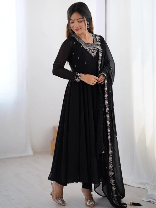 Soft Faux Georgette Black Beauty Anarkali Flair Party Wear Kurti Pant Dupatta Set (Ready to Wear)