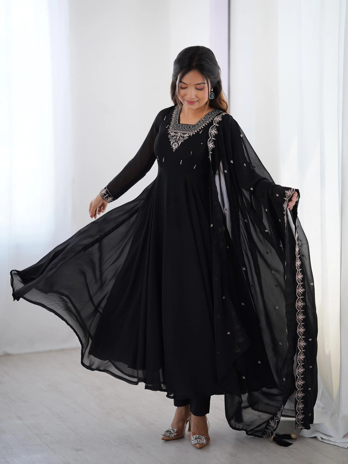 Soft Faux Georgette Black Beauty Anarkali Flair Party Wear Kurti Pant Dupatta Set (Ready to Wear)
