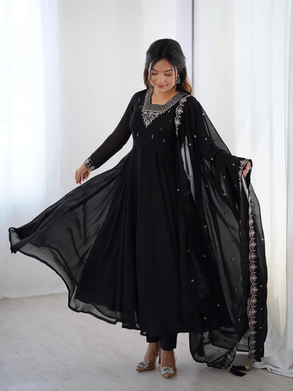 Soft Faux Georgette Black Beauty Anarkali Flair Party Wear Kurti Pant Dupatta Set (Ready to Wear)
