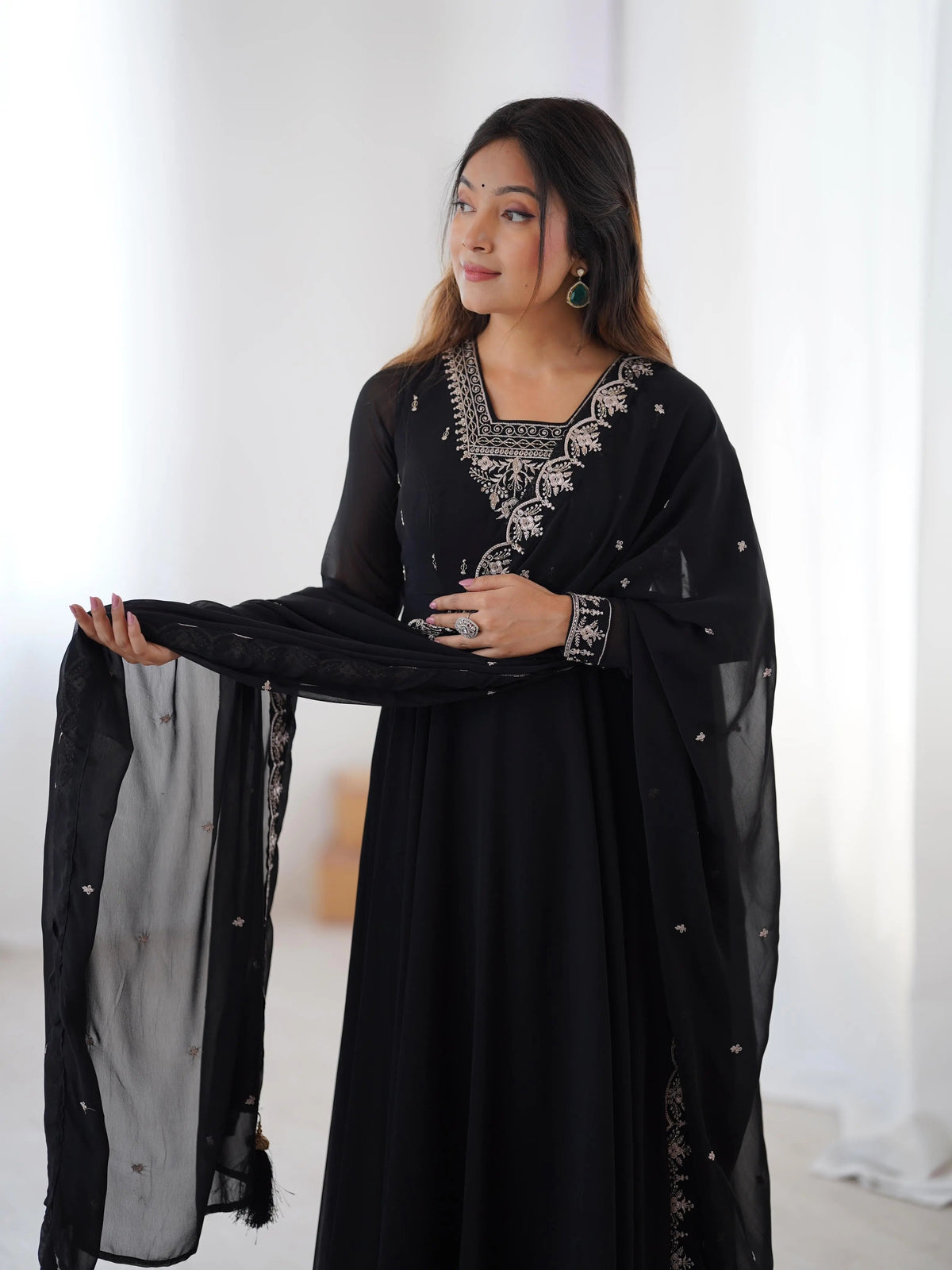 Soft Faux Georgette Black Beauty Anarkali Flair Party Wear Kurti Pant Dupatta Set (Ready to Wear)