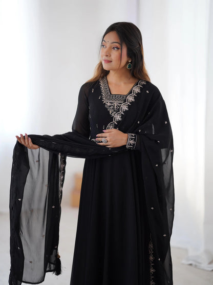 Soft Faux Georgette Black Beauty Anarkali Flair Party Wear Kurti Pant Dupatta Set (Ready to Wear)