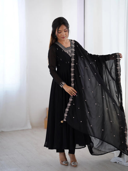Soft Faux Georgette Black Beauty Anarkali Flair Party Wear Kurti Pant Dupatta Set (Ready to Wear)