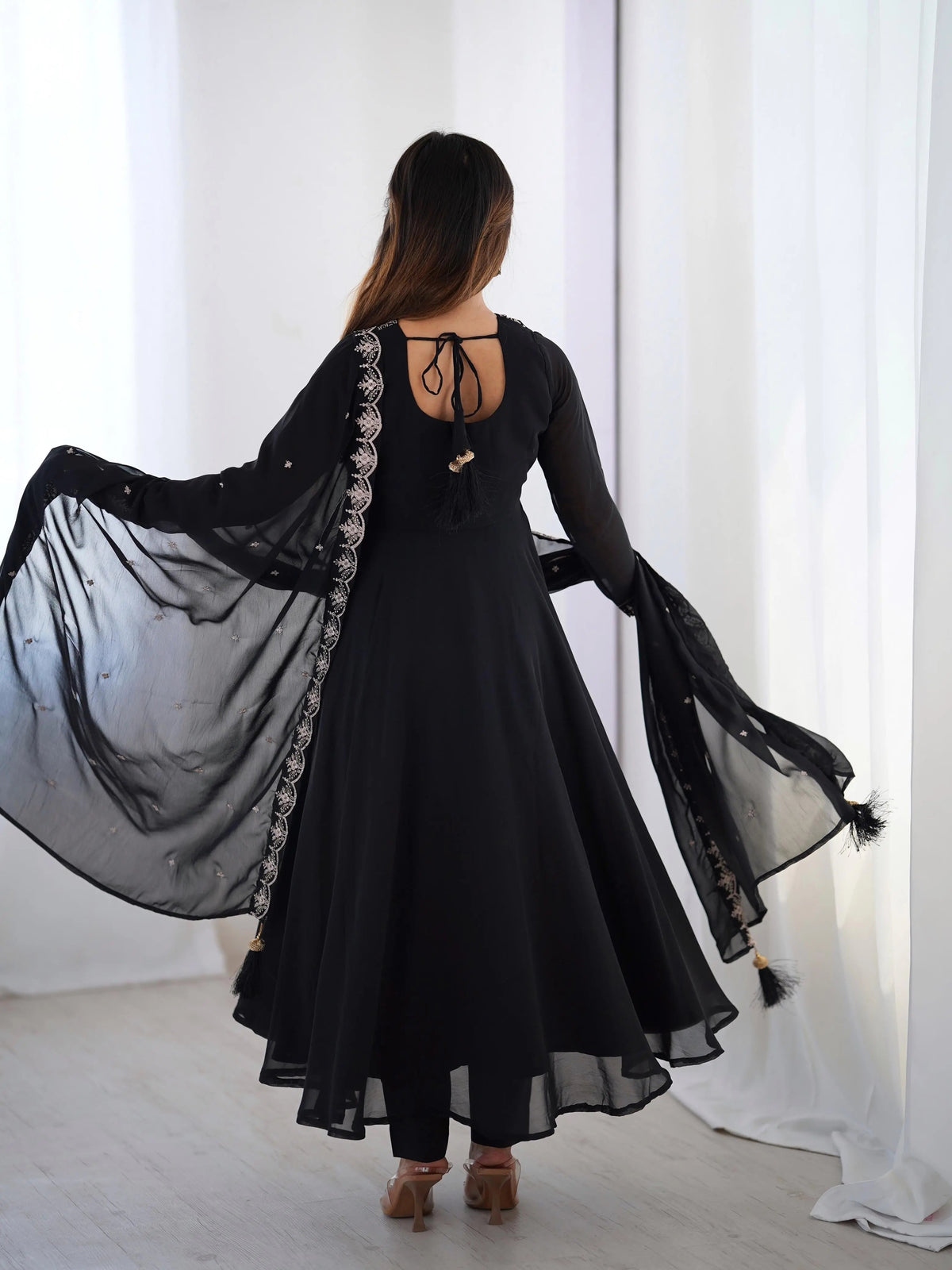 Soft Faux Georgette Black Beauty Anarkali Flair Party Wear Kurti Pant Dupatta Set (Ready to Wear)