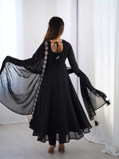 Soft Faux Georgette Black Beauty Anarkali Flair Party Wear Kurti Pant Dupatta Set (Ready to Wear)