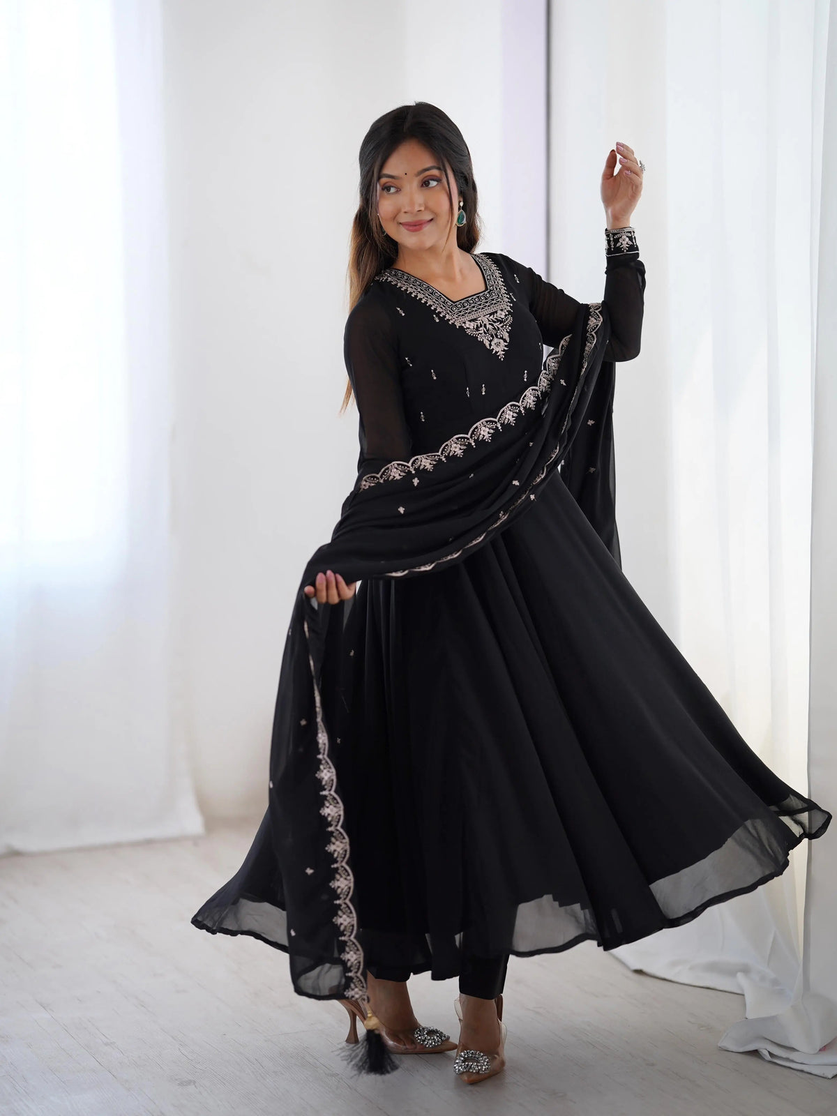 Soft Faux Georgette Black Beauty Anarkali Flair Party Wear Kurti Pant Dupatta Set (Ready to Wear)