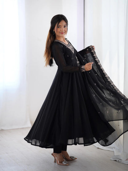 Soft Faux Georgette Black Beauty Anarkali Flair Party Wear Kurti Pant Dupatta Set (Ready to Wear)