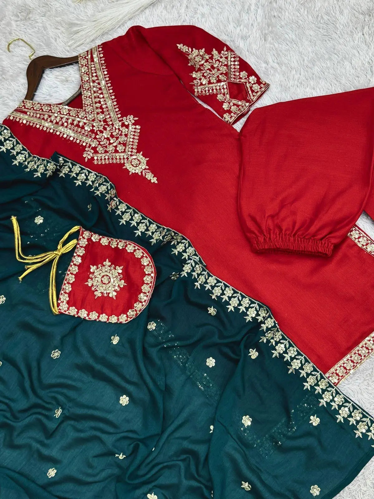 Vachitra Silk Fancy Embroidery Work Designer Kurti Pant Dupatta Set (Ready To Wear)