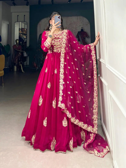 Vachitra Silk Sequence Thread Embroidery Work Gown Dupatta Set (Stitched)