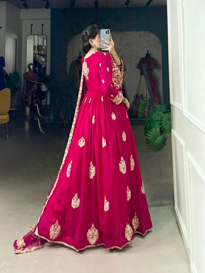 Vachitra Silk Sequence Thread Embroidery Work Gown Dupatta Set (Stitched)