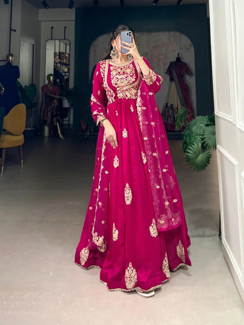 Vachitra Silk Sequence Thread Embroidery Work Gown Dupatta Set (Stitched)
