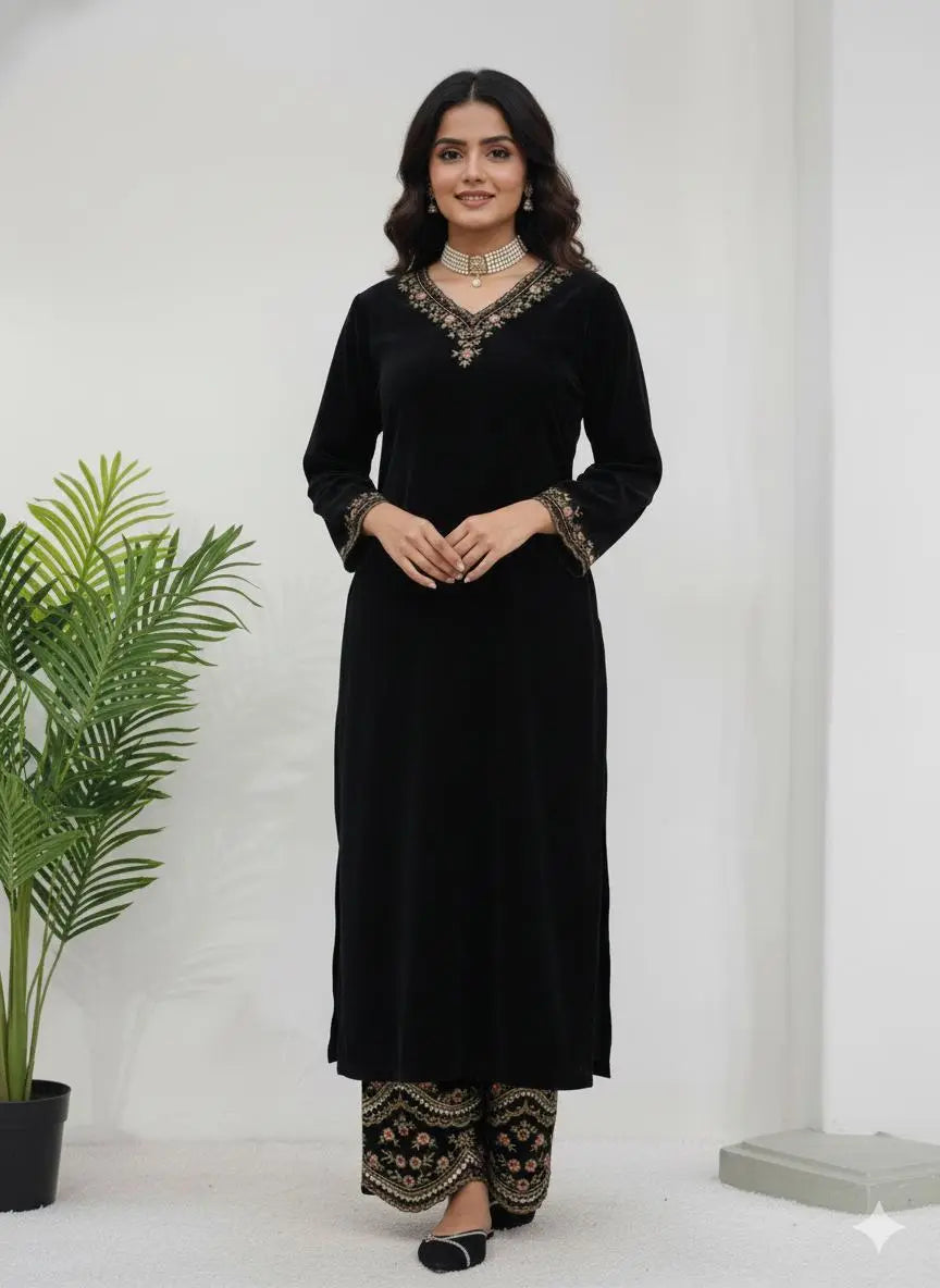 Viscose Velvet Black Beauty Velvet Straight Fit Kurti Pant (Ready to Wear)