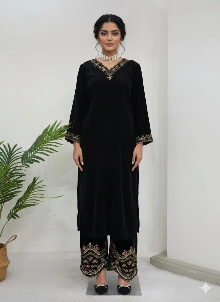 Viscose Velvet Black Beauty Velvet Straight Fit Kurti Pant (Ready to Wear)