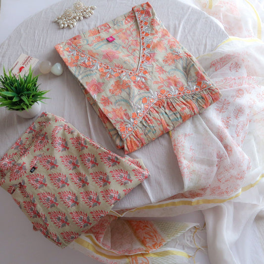 Orange Floral Cotton Suit Set