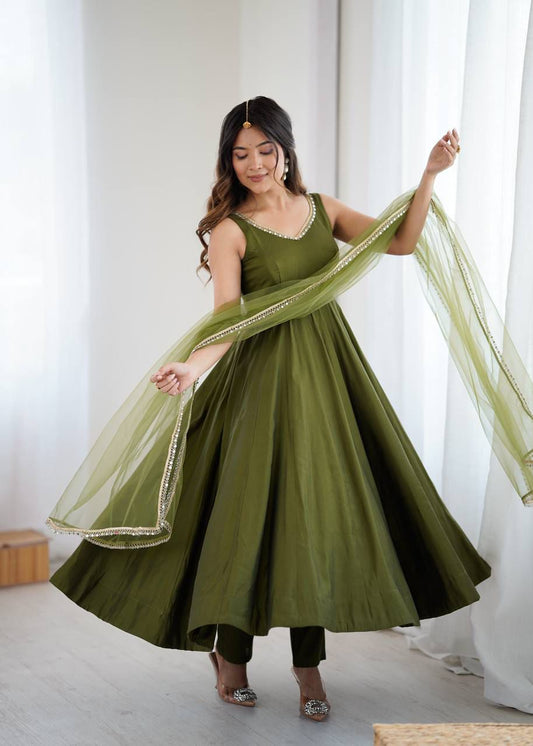 Kiyara Mahendi Color Anarkali Suit Set [Sleeves Fabric Attached]
