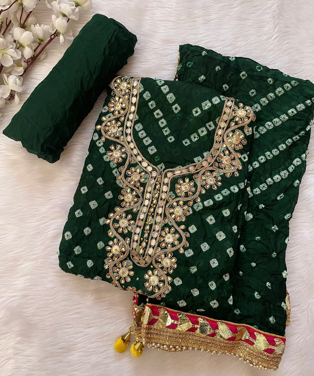 Silk Fabric Neck work with Fumka Work Dupatta Bandhani Dress Material ( Unstitched)