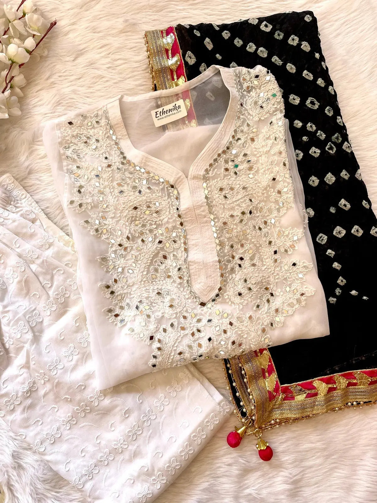 Real Mirror Work Kurti with Pant and Bandhani Work Dupatta Set (Stitched)