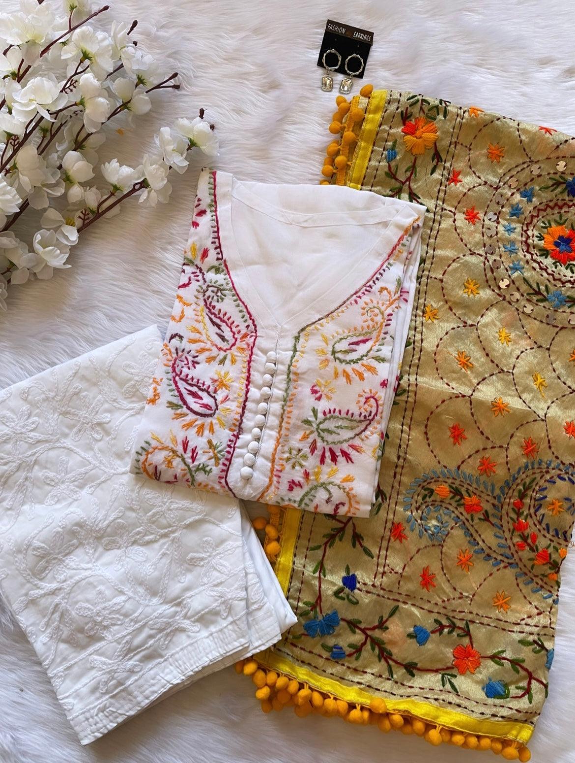 Soft Cotton Kadhai work Kurta with Phulkari Dupatta & Chikankari Palazo Set