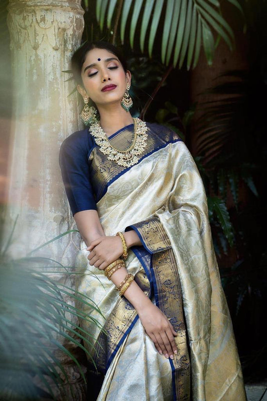 White Banarasi Soft Silk Saree with Jacquard Border