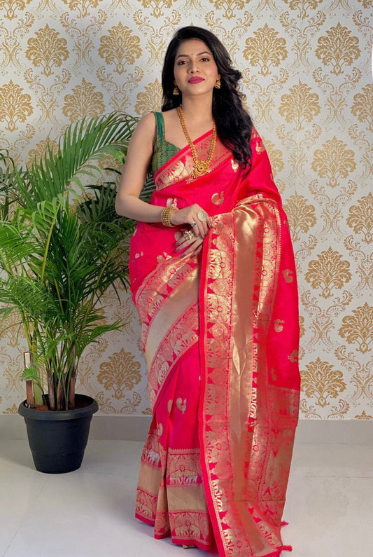 Peach Hand Woven Silk Saree with Blouse