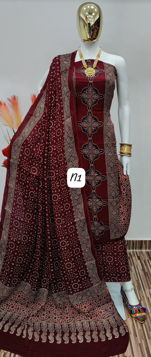 Original silk Hand Crafted Ajrakh Dress Material
